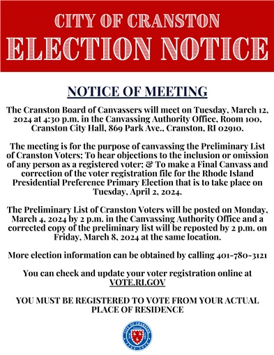 City of Cranston Election Notice: Board of Canvassers Meeting